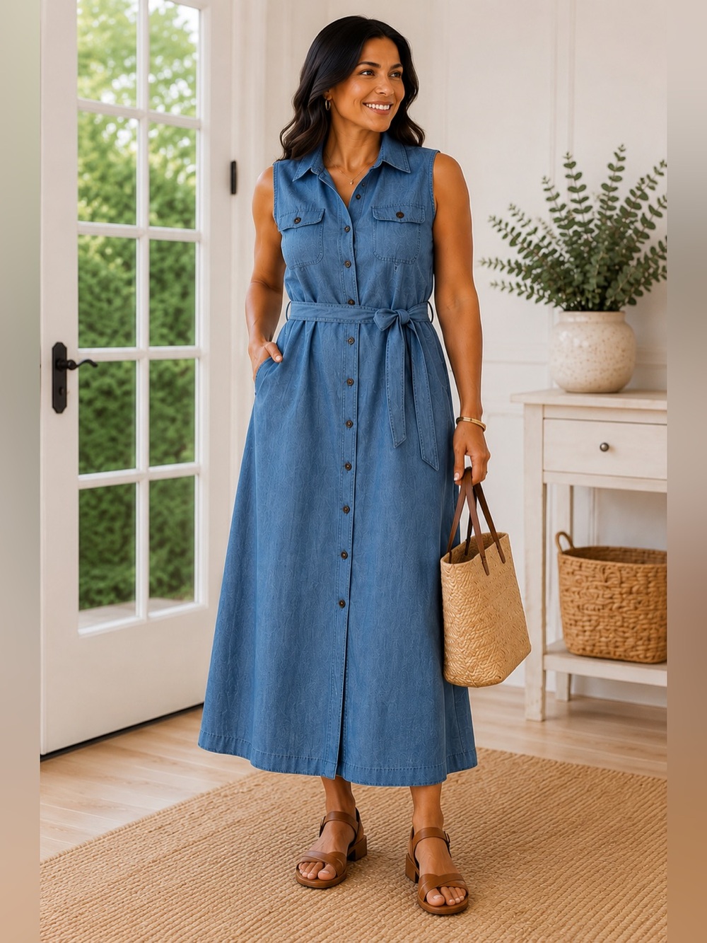 Talbots Sleeveless Chambray Button-Front Midi Dress - Blue